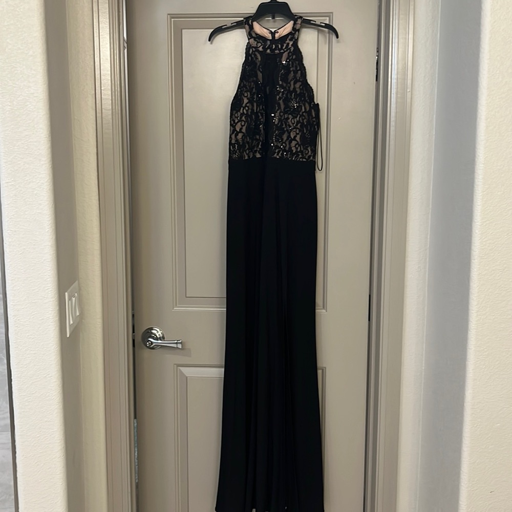 Black lace bodice halter gown